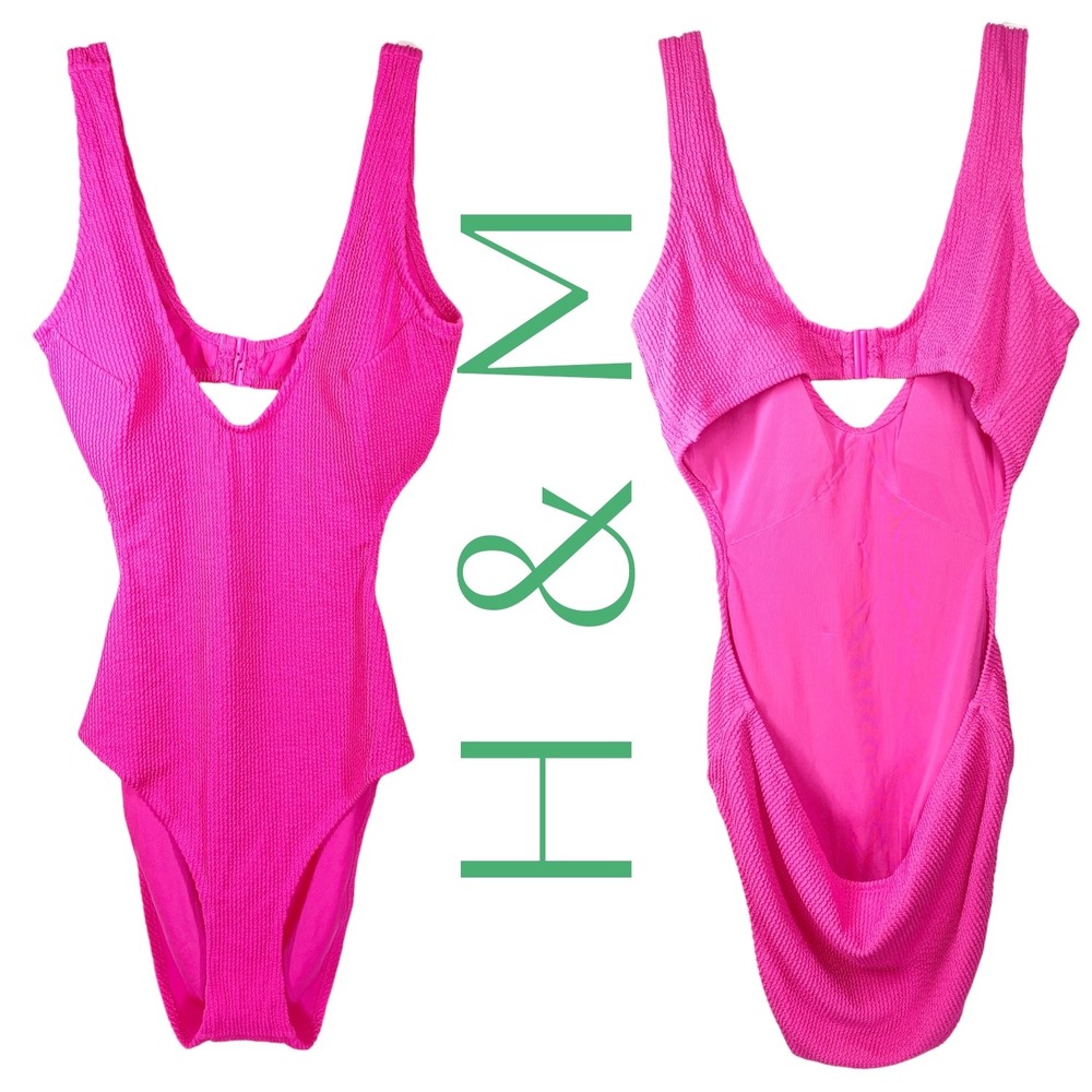 H&M NWT Womens Hot Pink Textured Cutout One Piece Swimsuit Open Back Size L